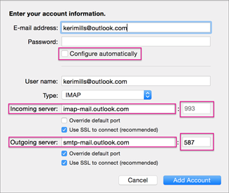 how to configure a dreamhost email account in outlook for mac