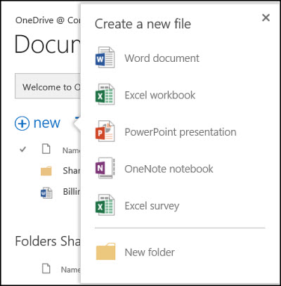 Office Online options that you can use from the New button in OneDrive for Business