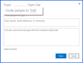 Screenshot of the Share TeamSite dialog box, highlighting "Invite people to Edits'. You can also see the text box where you add user names