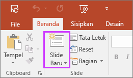 Memperlihatkan tombol Slide Baru pada tab Beranda dari pita di PowerPoint