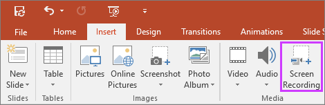 Shows insert screen recording button in PowerPoint2016