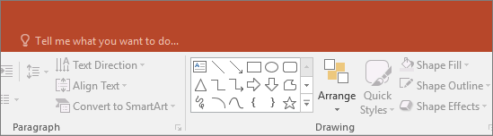 shows the "tell me" search box on the ribbon in PowerPoint
