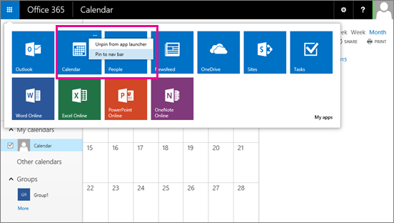 Pin apps to the navigation bar in Office 365