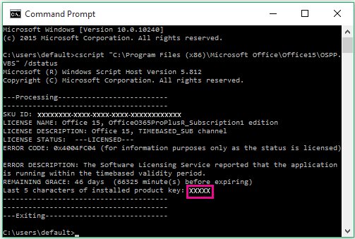 Command Prompt showing last five digits of product key