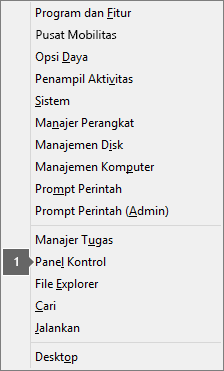 Daftar opsi dan perintah terlihat setelah menekan tombol logo Windows   X