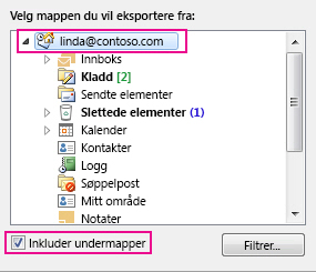 Dialogboksen Eksporter Outlook-datafil med den øverste mappen valgt og Inkluder undermapper avmerket